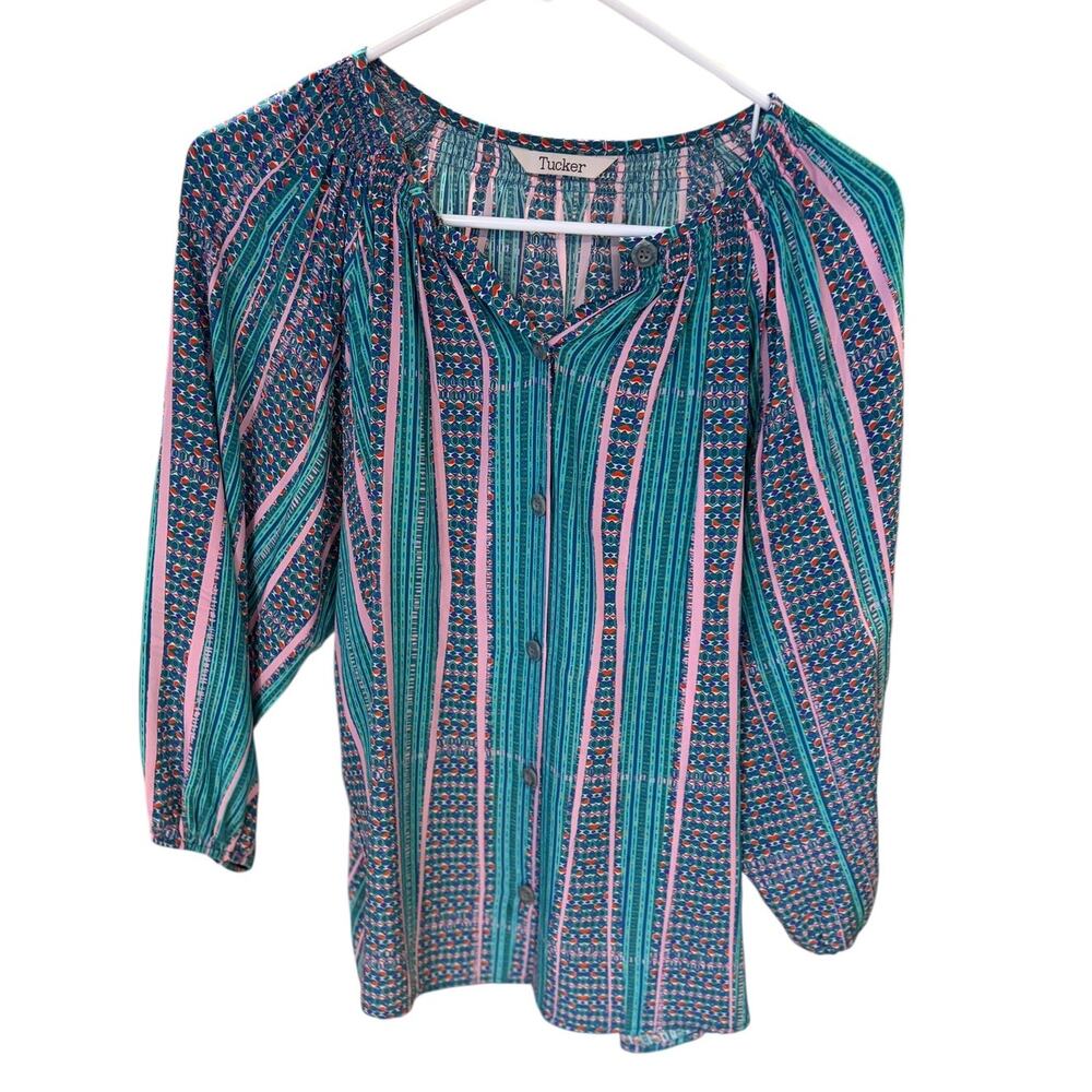 TUCKER  Women's The Classic Blouse LARGE Striped Button Up Peasant Silk Boho